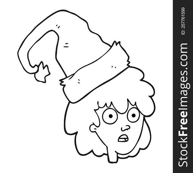 freehand drawn black and white cartoon woman wearning santa hat. freehand drawn black and white cartoon woman wearning santa hat