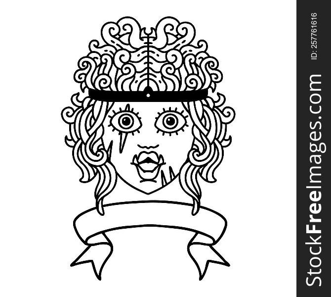 Black and White Tattoo linework Style orc barbarian character face with banner. Black and White Tattoo linework Style orc barbarian character face with banner