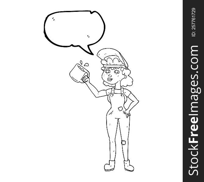 freehand drawn speech bubble cartoon woman in dungarees