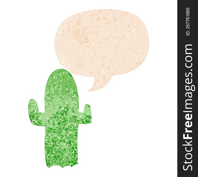 cartoon cactus with speech bubble in grunge distressed retro textured style. cartoon cactus with speech bubble in grunge distressed retro textured style
