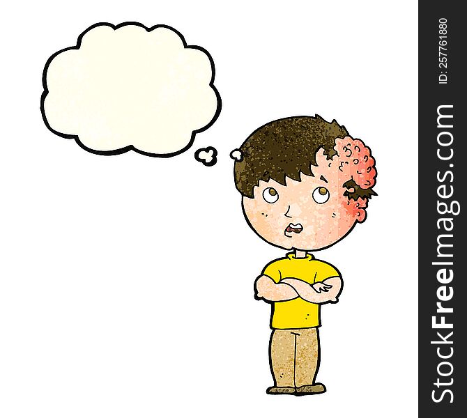 Cartoon Boy With Growth On Head With Thought Bubble