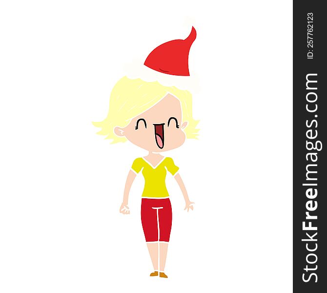 Flat Color Illustration Of A Happy Woman Wearing Santa Hat
