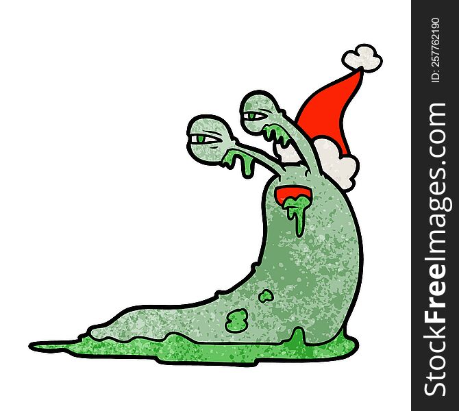 gross hand drawn textured cartoon of a slug wearing santa hat. gross hand drawn textured cartoon of a slug wearing santa hat