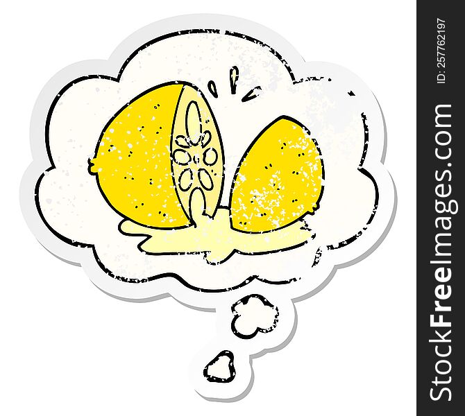 cartoon cut lemon and thought bubble as a distressed worn sticker