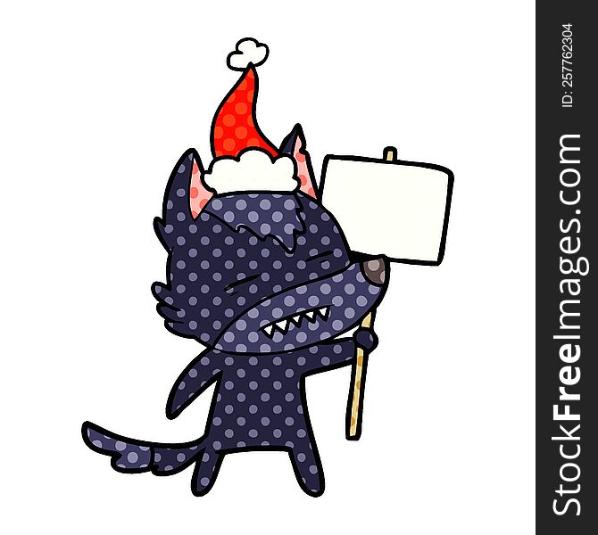 hand drawn comic book style illustration of a wolf with sign post showing teeth wearing santa hat