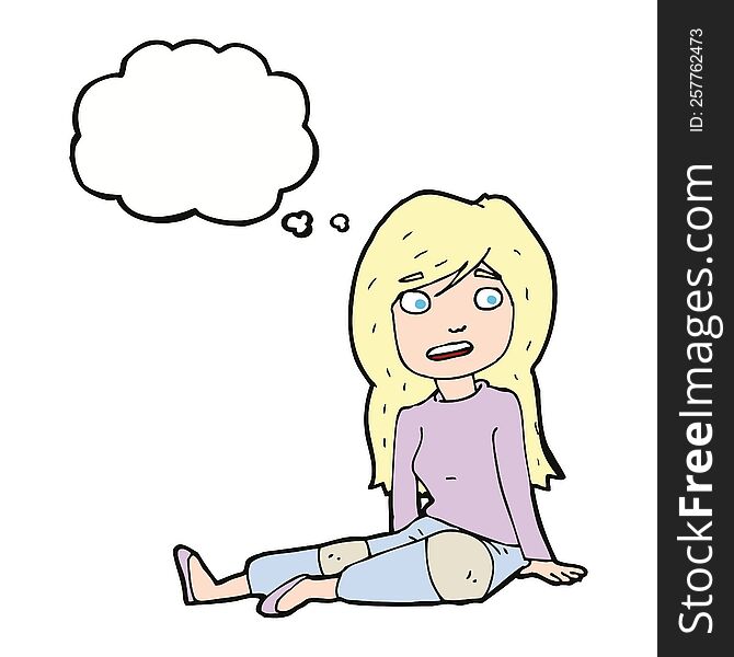 cartoon girl sitting on floor with thought bubble