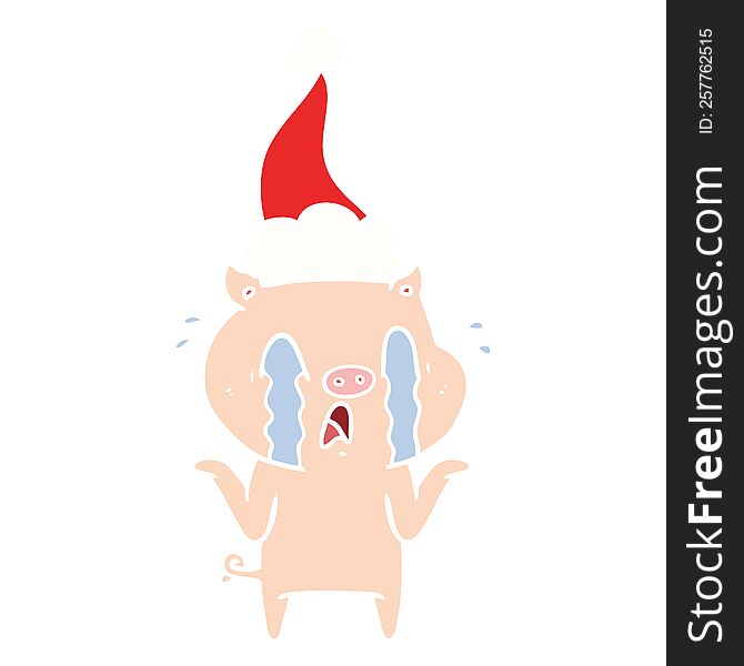 crying pig hand drawn flat color illustration of a wearing santa hat. crying pig hand drawn flat color illustration of a wearing santa hat