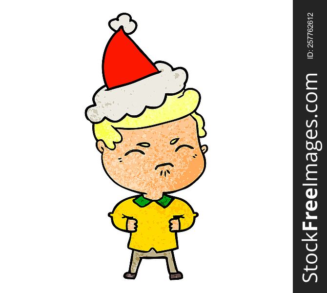 hand drawn textured cartoon of a annoyed man wearing santa hat