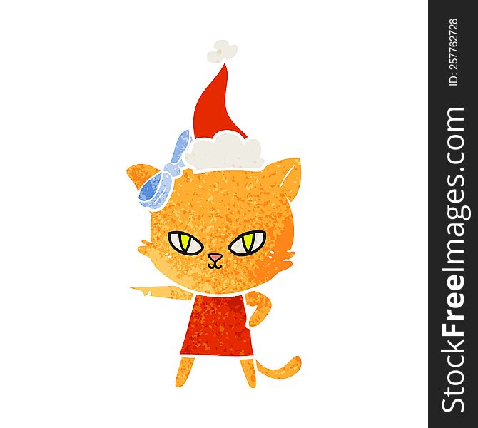 Cute Retro Cartoon Of A Cat Wearing Dress Wearing Santa Hat