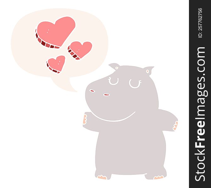 Cartoon Hippo In Love And Speech Bubble In Retro Style