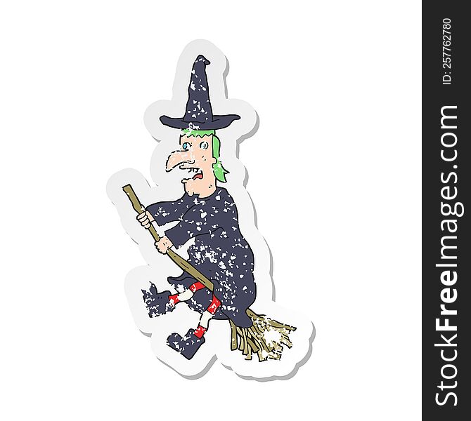 retro distressed sticker of a cartoon witch flying on broom