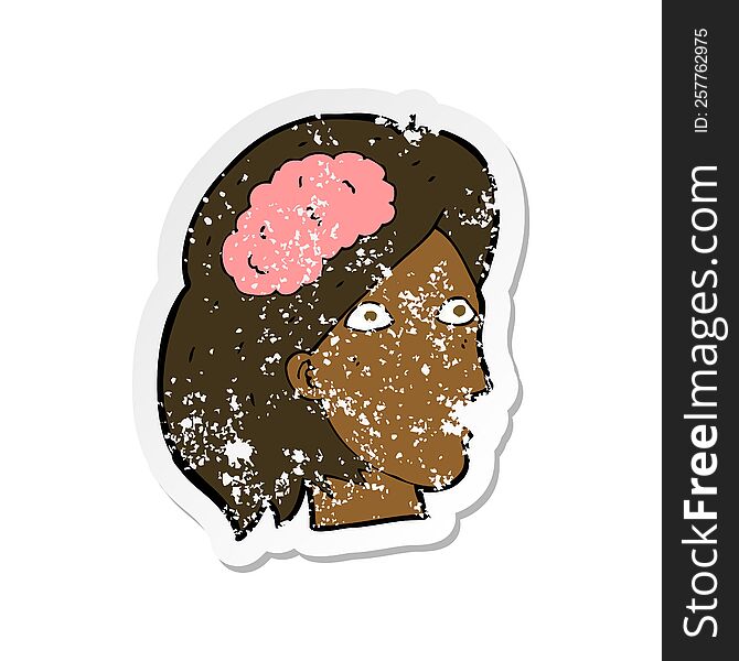 retro distressed sticker of a cartoon female head with brain symbol