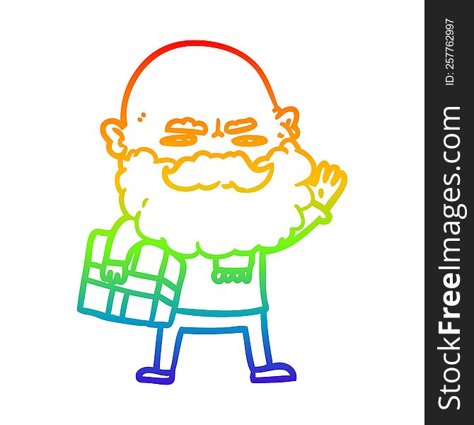 rainbow gradient line drawing of a cartoon man with beard frowning with xmas gift
