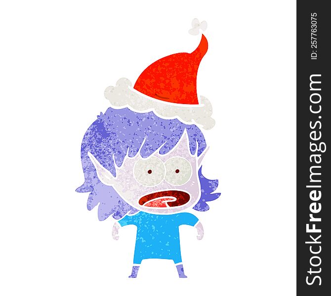 retro cartoon of a shocked elf girl wearing santa hat