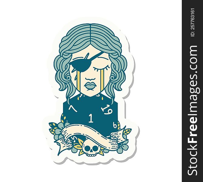 sticker of a crying human rogue with natural one D20 roll. sticker of a crying human rogue with natural one D20 roll