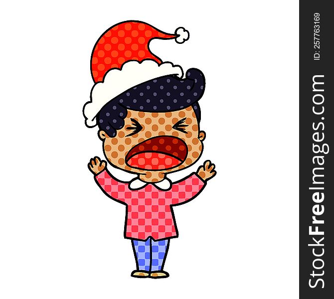 Comic Book Style Illustration Of A Shouting Man Wearing Santa Hat