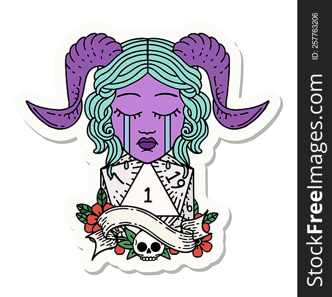 Crying Tiefling With Natural One D20 Dice Roll Sticker