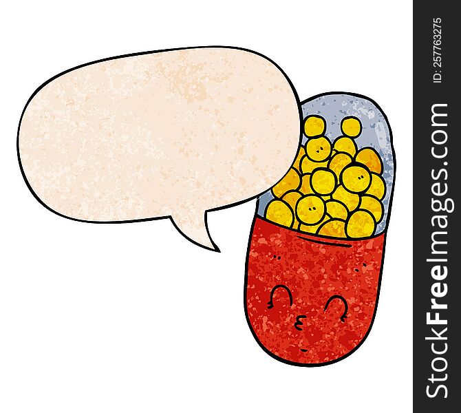 cartoon pill with speech bubble in retro texture style