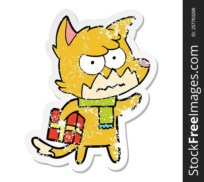 Distressed Sticker Of A Cartoon Annoyed Fox Carrying Gift