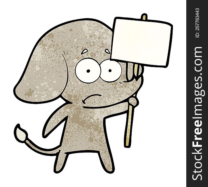 cartoon unsure elephant with protest sign. cartoon unsure elephant with protest sign