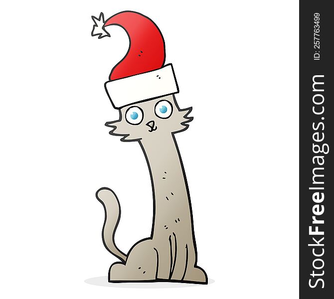 freehand drawn cartoon cat in christmas hat