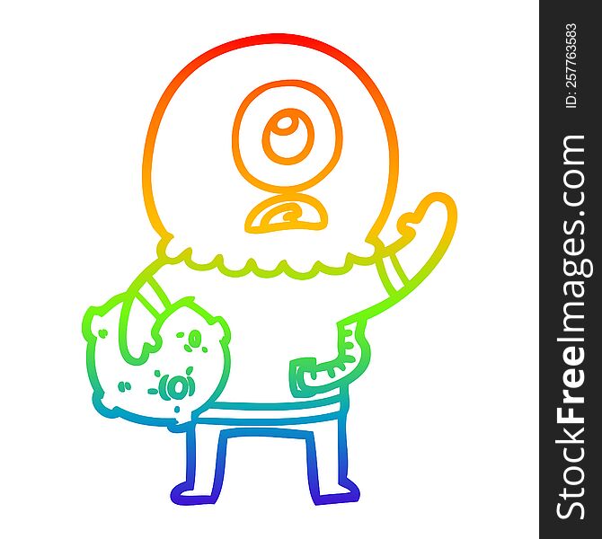 rainbow gradient line drawing of a cartoon cyclops alien spaceman waving