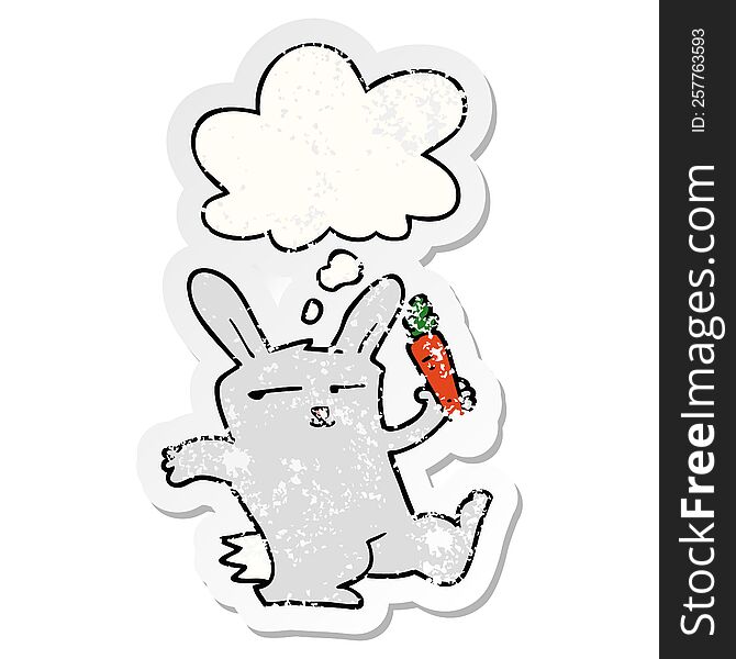 Cartoon Rabbit With Carrot And Thought Bubble As A Distressed Worn Sticker