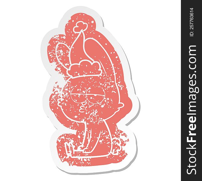 Cute Cartoon Distressed Sticker Of A Rabbit Wearing Santa Hat