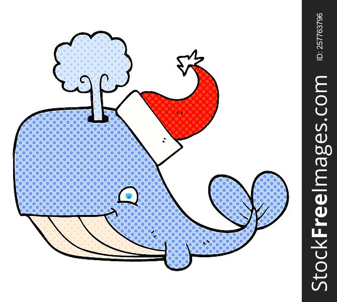 freehand drawn cartoon whale wearing christmas hat
