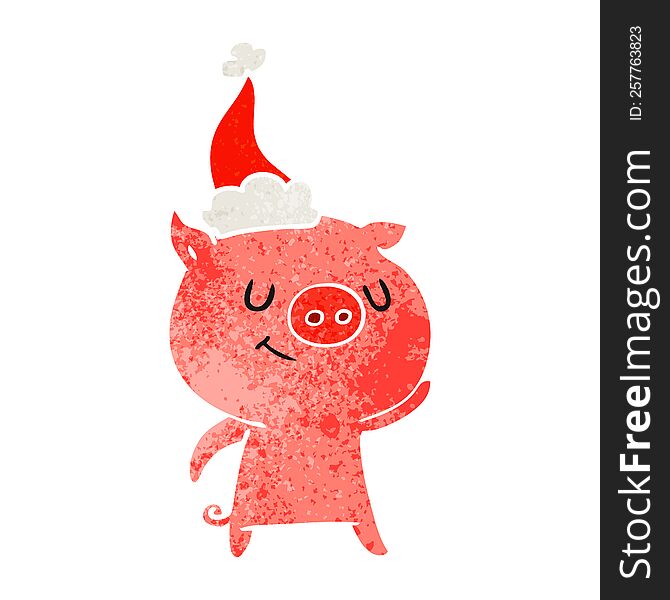 Happy Retro Cartoon Of A Pig Wearing Santa Hat