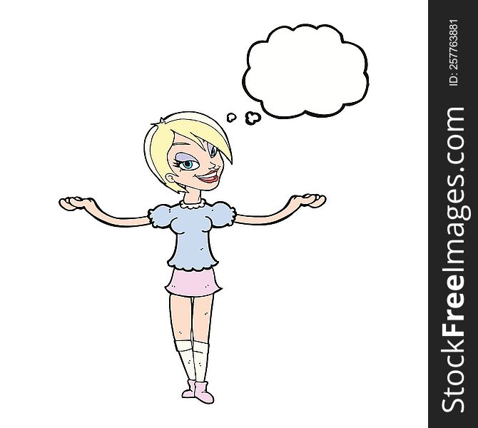 cartoon woman making open arm gesture with thought bubble