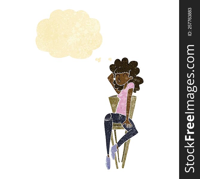 cartoon woman posing on chair with thought bubble