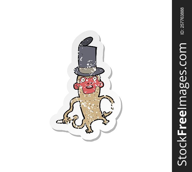 Retro Distressed Sticker Of A Cartoon Monkey Wearing Top Hat