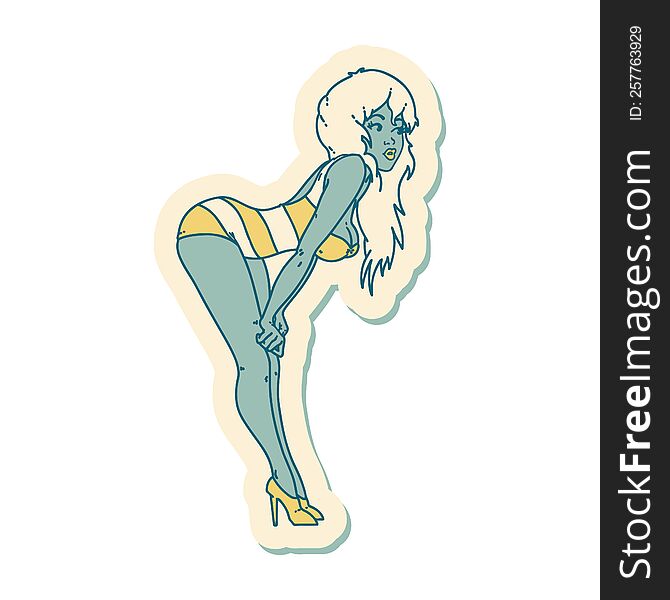 sticker of tattoo in traditional style of a pinup girl in swimming costume. sticker of tattoo in traditional style of a pinup girl in swimming costume