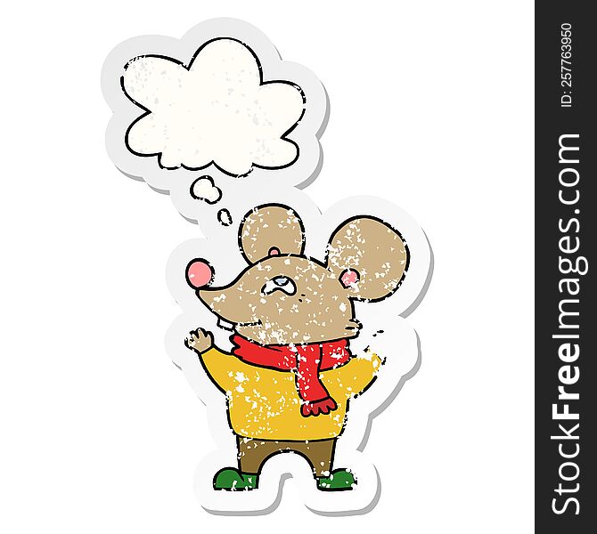 cartoon mouse wearing scarf with thought bubble as a distressed worn sticker