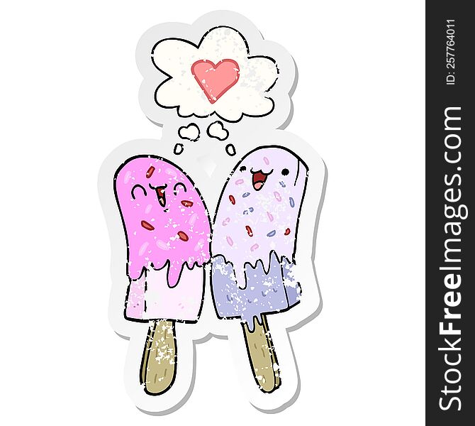 Cartoon Ice Lolly In Love And Thought Bubble As A Distressed Worn Sticker