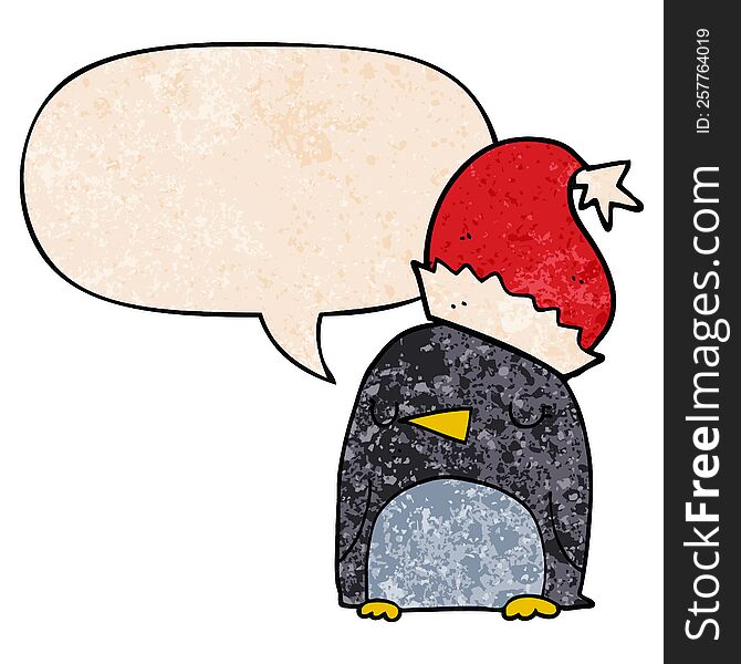 cute christmas penguin with speech bubble in retro texture style