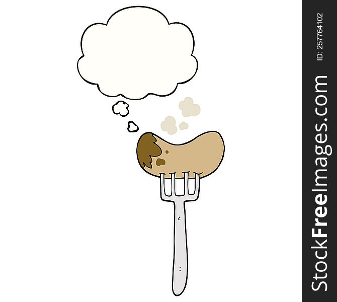 cartoon sausage and fork with thought bubble. cartoon sausage and fork with thought bubble