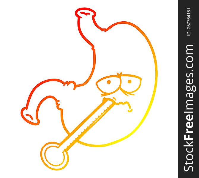 warm gradient line drawing of a cartoon upset stomach