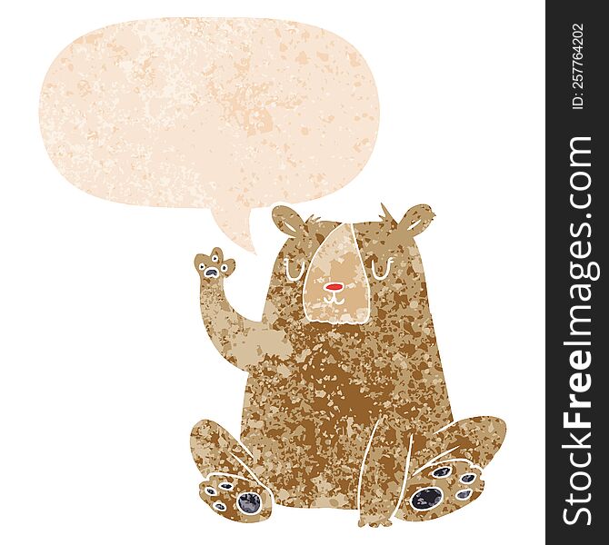 Cartoon Bear;waving And Speech Bubble In Retro Textured Style
