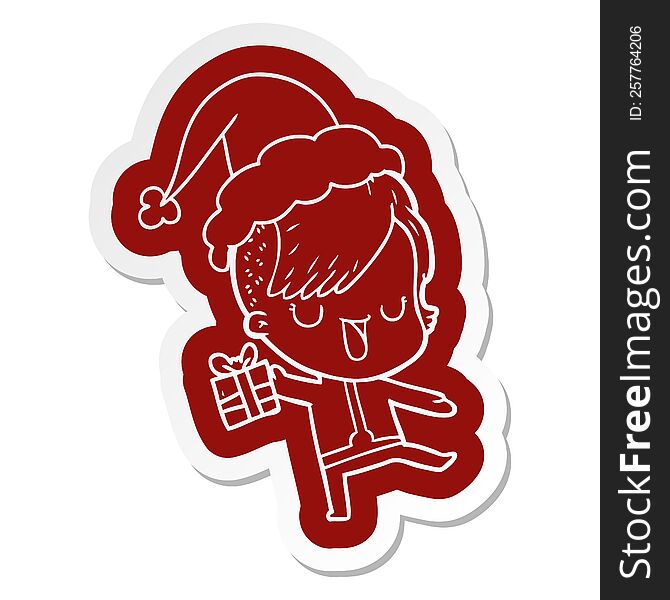 cute cartoon  sticker of a girl with hipster haircut wearing santa hat