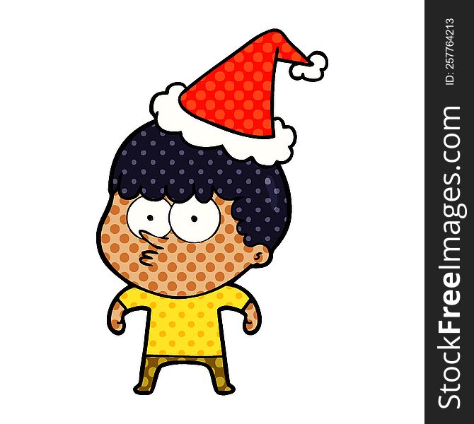 Comic Book Style Illustration Of A Curious Boy Wearing Santa Hat