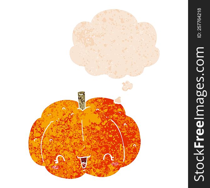 Cartoon Pumpkin And Thought Bubble In Retro Textured Style