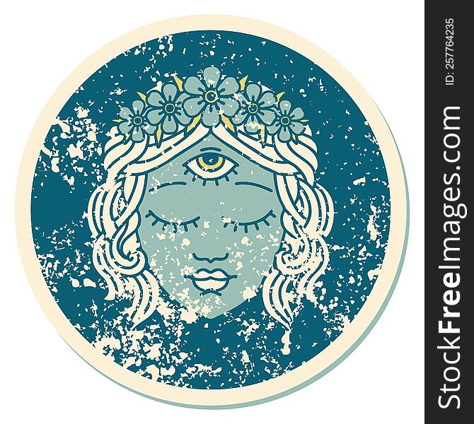 iconic distressed sticker tattoo style image of female face with third eye and crown of flowers. iconic distressed sticker tattoo style image of female face with third eye and crown of flowers