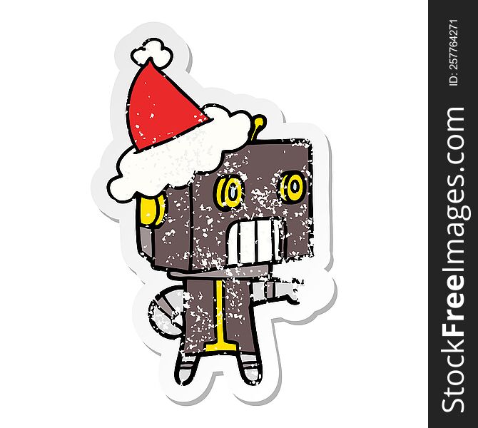 Distressed Sticker Cartoon Of A Robot Wearing Santa Hat