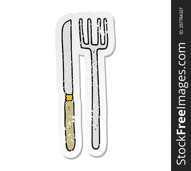 retro distressed sticker of a cartoon knife and fork