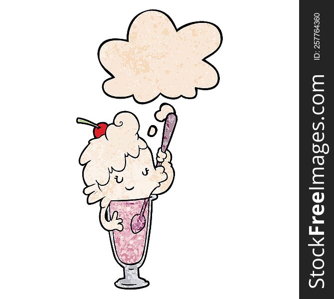 Cartoon Ice Cream Soda Girl And Thought Bubble In Grunge Texture Pattern Style