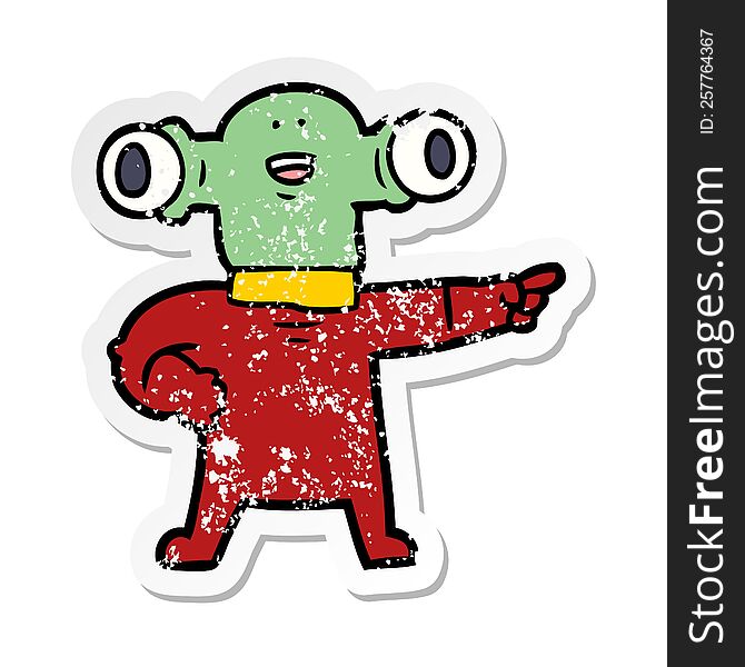Distressed Sticker Of A Friendly Cartoon Alien Pointing
