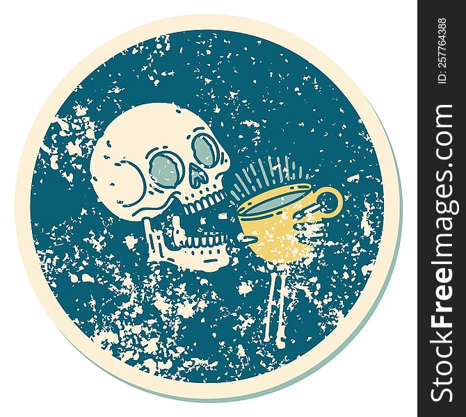 Distressed Sticker Tattoo Style Icon Of A Skull Drinking Coffee