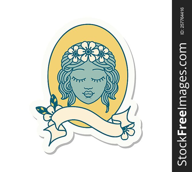 tattoo style sticker with banner of a maiden with eyes closed